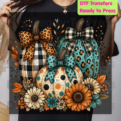 Fall DTF Transfers, Leopard Plaid Pumpkins Teal Orange Floral Thanksgiving Ready to Press