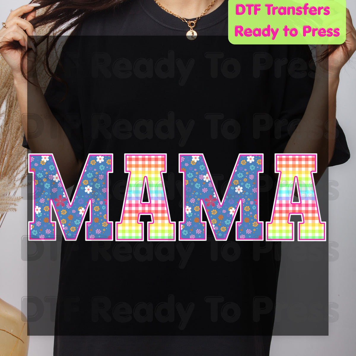 Mama DTF Transfers, Floral Plaid Rainbow Pastel Retro Mama Ready to Press