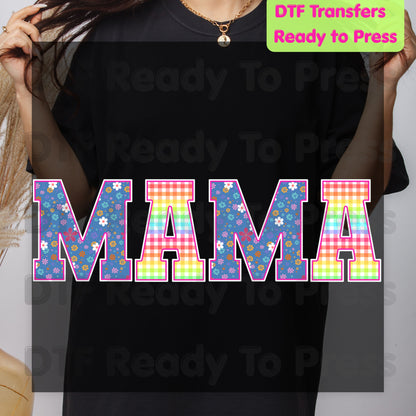 Mama DTF Transfers, Floral Plaid Rainbow Pastel Retro Mama Ready to Press