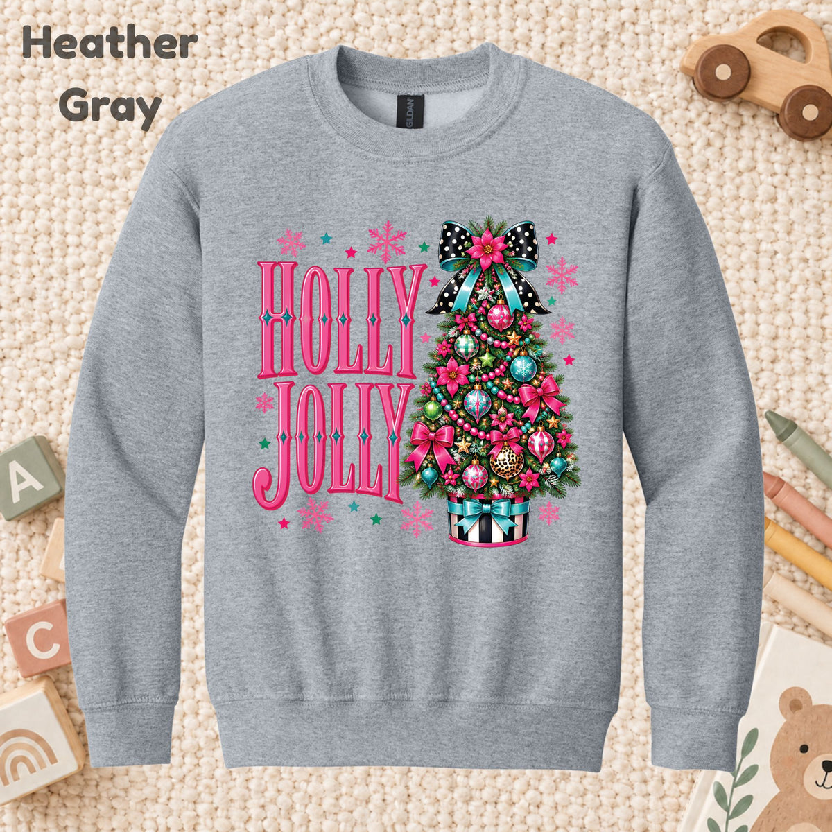 Pink Christmas Tree T-Shirt, Holly Jolly Bow and Snowflake Graphic Tee, Cute Holiday Shirt