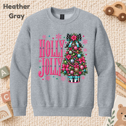 Pink Christmas Tree T-Shirt, Holly Jolly Bow and Snowflake Graphic Tee, Cute Holiday Shirt