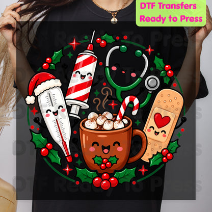 Christmas Medical Squad DTF Transfers, Cute Nurse Holiday Cocoa Stethoscope Graphic Ready to Press