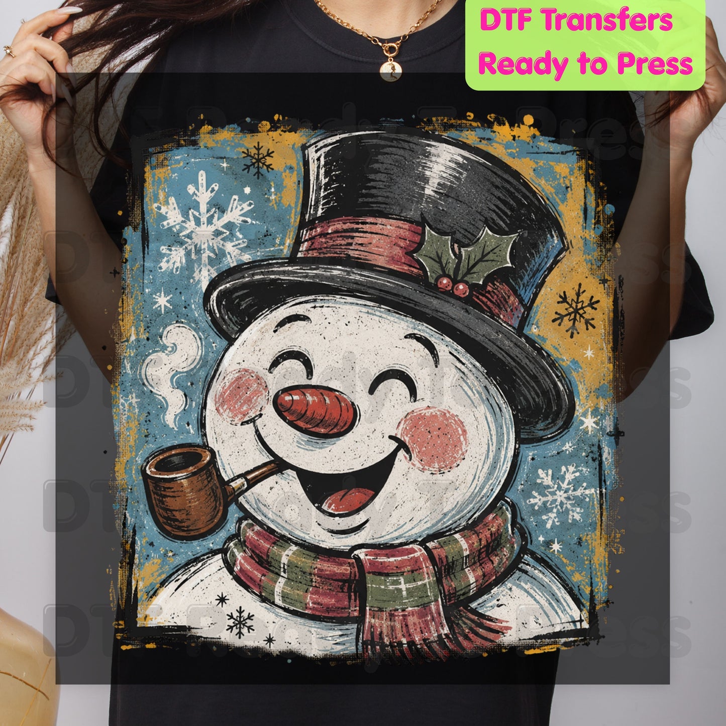 Vintage Snowman DTF Transfers, Top Hat Pipe Snowflakes Scarf Christmas Ready to Press