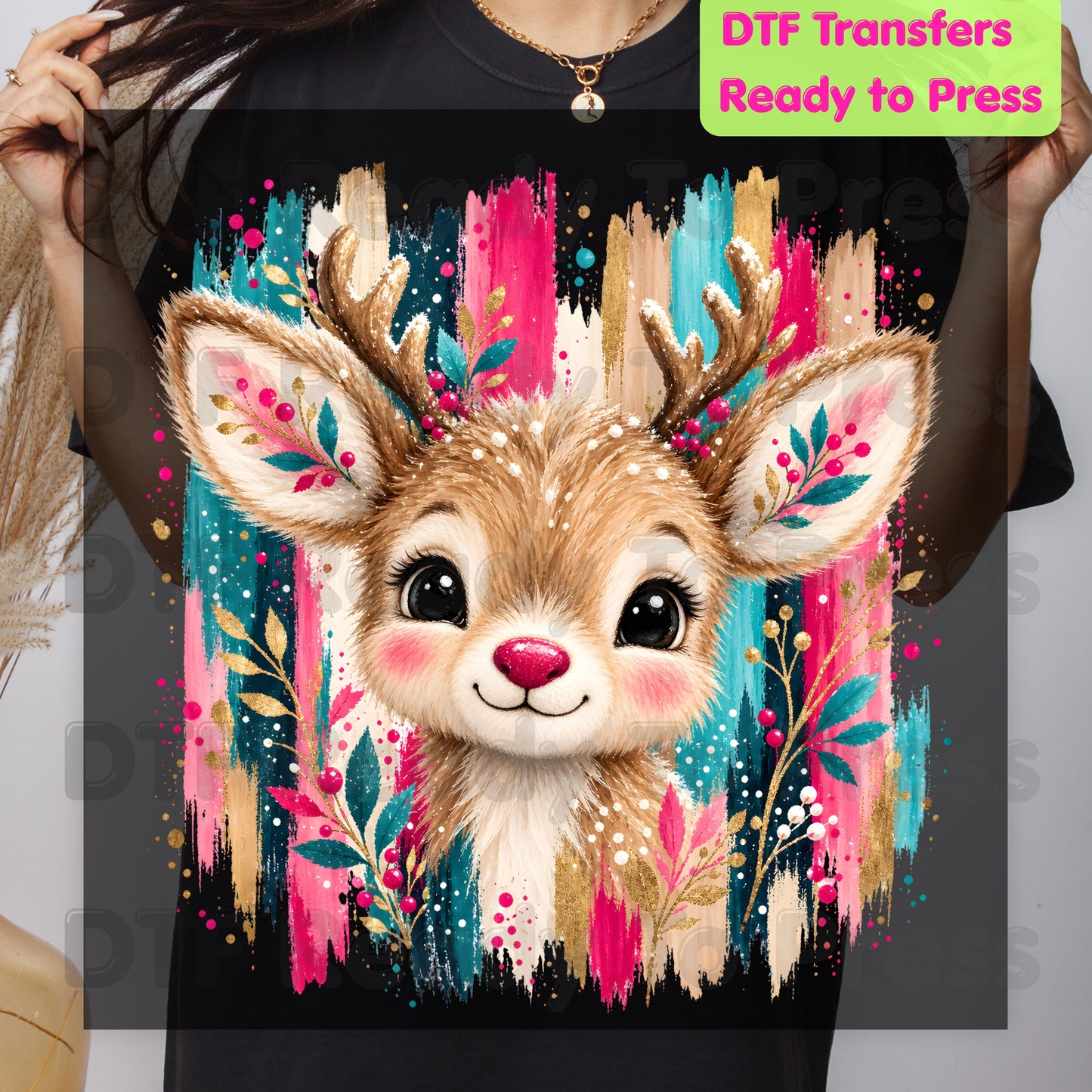 Cute Christmas Reindeer DTF Transfers, Colorful Floral Antlers Pink Teal Gold Holiday Ready to Press.