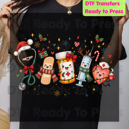 Christmas Nurse Squad DTF Transfers, Holiday Medical Syringe Pill Bottle Stethoscope Ready to Press