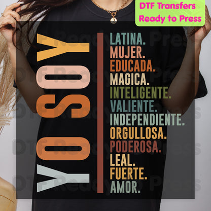 Yo Soy Latina DTF Transfers, Mujer Educada Empowered Latina Typography Ready to Press