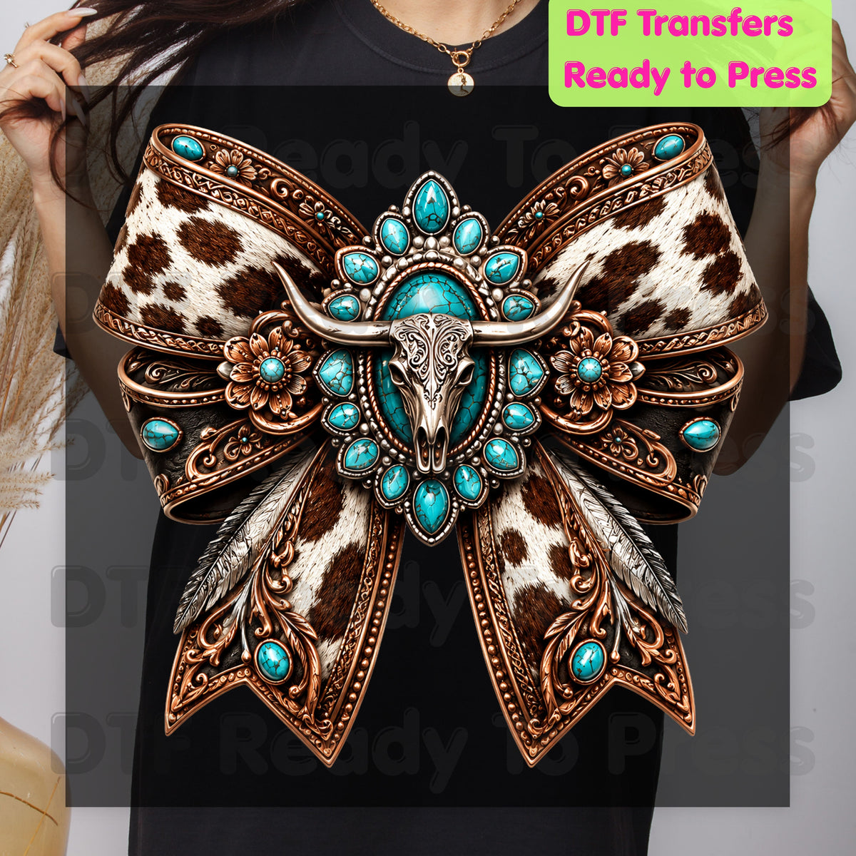 Western Bow DTF Transfers, Turquoise Longhorn Skull Cowhide Coquette Bow Cowgirl Ready to Press
