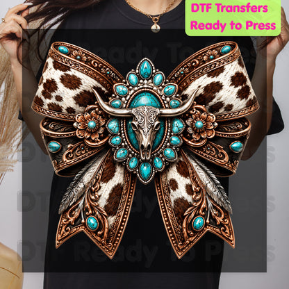 Western Bow DTF Transfers, Turquoise Longhorn Skull Cowhide Coquette Bow Cowgirl Ready to Press