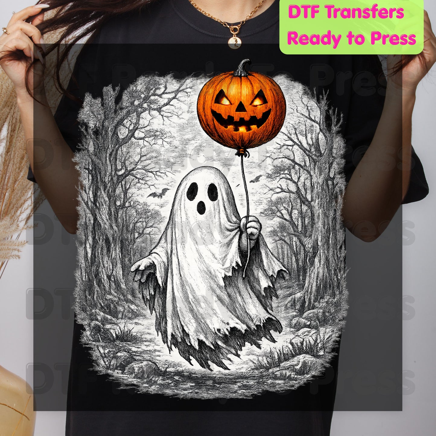 Vintage Halloween Ghost DTF Transfers, Pumpkin Balloon Spooky Forest Retro Ready to Press