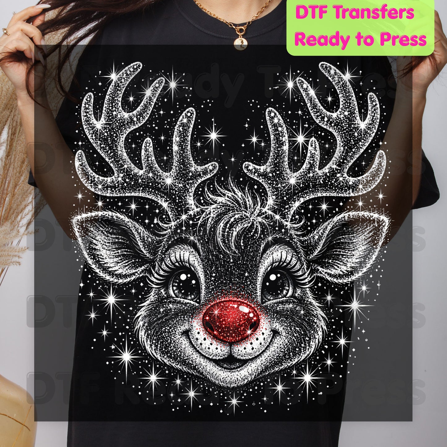 Christmas Reindeer DTF Transfers, Red Nose Rudolph Festive Winter Sparkle Cute Holiday Ready to Press