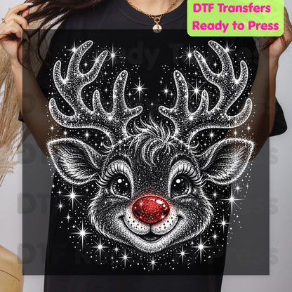 Christmas Reindeer DTF Transfers, Red Nose Rudolph Festive Winter Sparkle Cute Holiday Ready to Press
