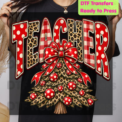 Christmas Teacher Tree DTF Transfers, School Leopard Plaid Red Bow Holiday Ready to Press
