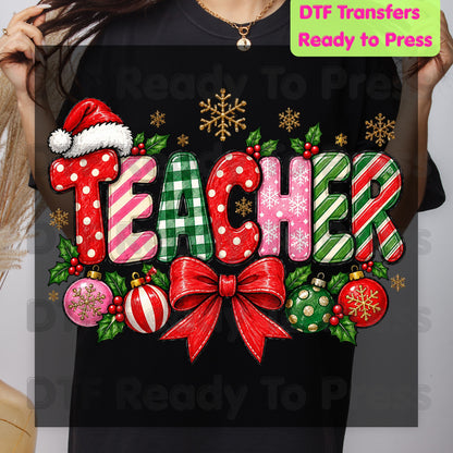 hristmas Teacher DTF Transfers, Holiday School Bow Ornaments Santa Hat Graphic Ready to Press