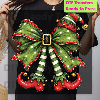 Christmas Elf DTF Transfer, Green Bow, Striped Legs and Hat
