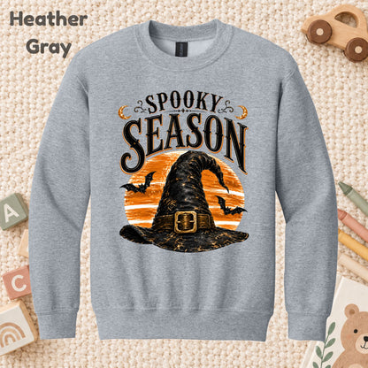Spooky Season Vintage Witch Hat T-Shirt, Halloween Orange Moon Bats Tee for Toddler and Kids