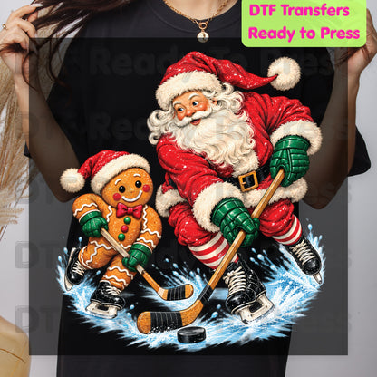 Christmas DTF Transfer, Santa and Gingerbread Man Playing Hockey, Holiday Sports Graphic