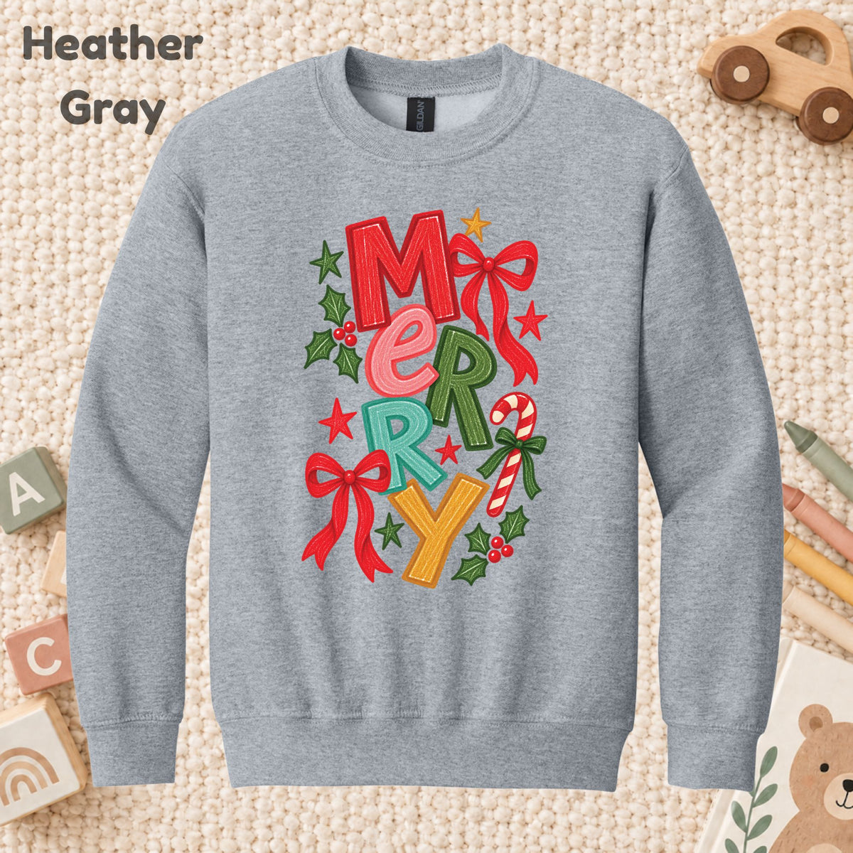 Merry Christmas T-Shirt, Colorful Lettering Red Bow Tee, Candy Cane Holiday Sweatshirt