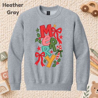 Merry Christmas T-Shirt, Colorful Lettering Red Bow Tee, Candy Cane Holiday Sweatshirt