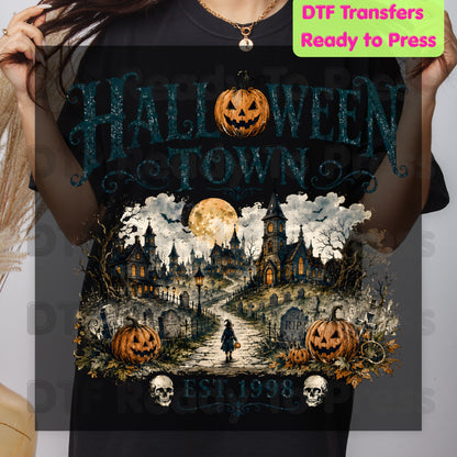 Halloween Town DTF Transfers, Est 1998 Spooky Pumpkin Vintage Haunted Town Ready to Press