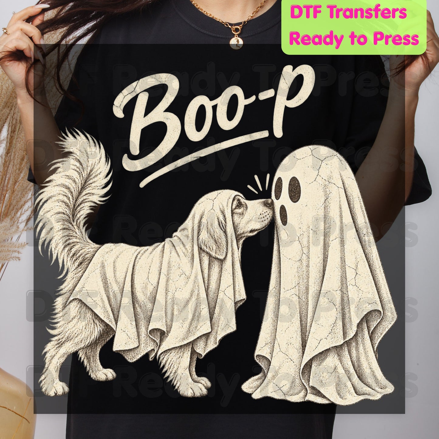 Halloween Dog Ghost DTF Transfers, Ghost Boop Cute Spooky Season Vintage Golden Retriever Dog Lover Ready to Press