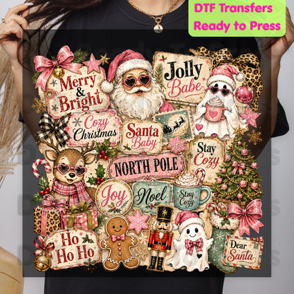 Cozy Pink Christmas Collage DTF Transfers, Santa Reindeer Gingerbread Nutcracker North Pole Holiday Ready to Press