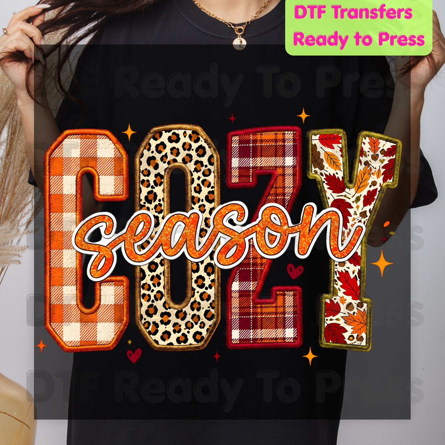 Cozy Season Fall DTF Transfer Ready to Press Plaid Leopard Autumn Letters Heat Transfer for Shirts Colorful Pumpkin Season Graphic Press