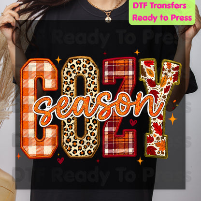 Cozy Season Fall DTF Transfer Ready to Press Plaid Leopard Autumn Letters Heat Transfer for Shirts Colorful Pumpkin Season Graphic Press