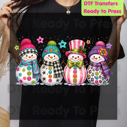 Christmas Colorful Snowmen DTF Transfers, Cute Winter Snowman Beanies Scarves Holiday Ready to Press