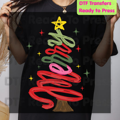 Christmas DTF Transfer, Merry Christmas Tree Script, Sparkles