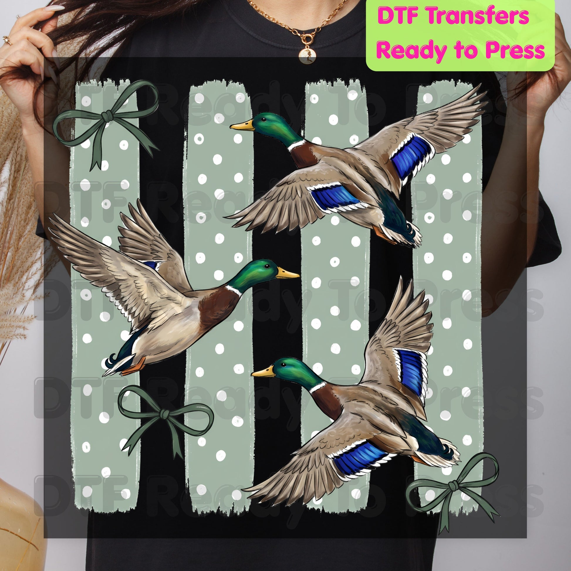 Flying Mallard Ducks DTF Transfers, Vintage Mallard Green Bows Polka Dot Coquette Hunting Ready to Press