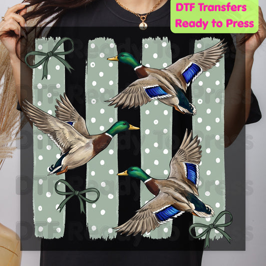 Flying Mallard Ducks DTF Transfers, Vintage Mallard Green Bows Polka Dot Coquette Hunting Ready to Press