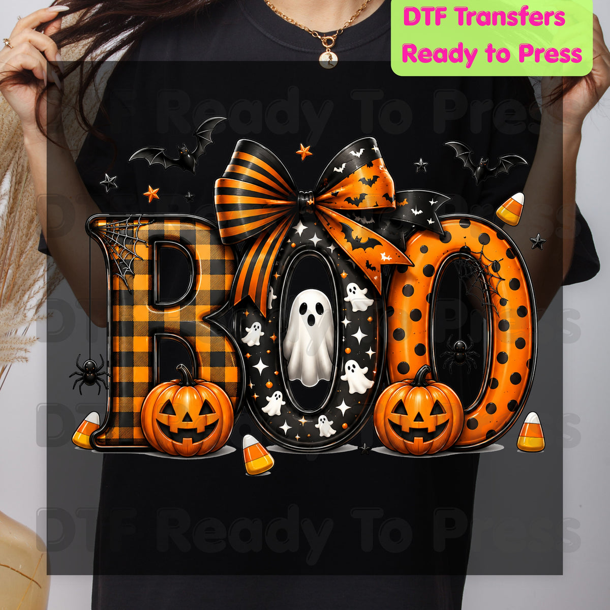 Boo Pumpkin Ghost Halloween DTF Transfers, Coquette Bow Cute Spooky Ready to Press