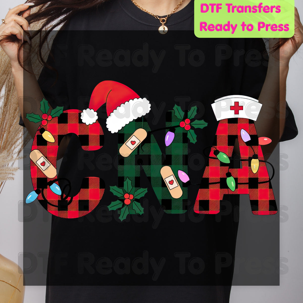 Christmas CNA Buffalo Plaid DTF Transfers, Medical Nursing Lights Bandage Holiday Ready to Press