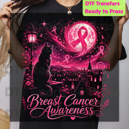 Pink Cat Moon Breast Cancer Awareness DTF Transfer Ready to Press Heat Transfer Tee