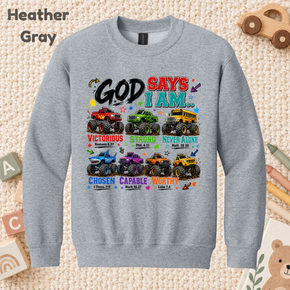 God Says I Am Monster Trucks Christian T-Shirt, Bible Verse Kids Religious Graphic Tee