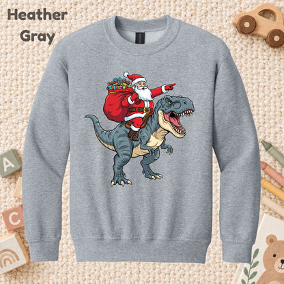 Santa Riding T-Rex Christmas T-Shirt, Funny Dinosaur Xmas Graphic Kids Tee