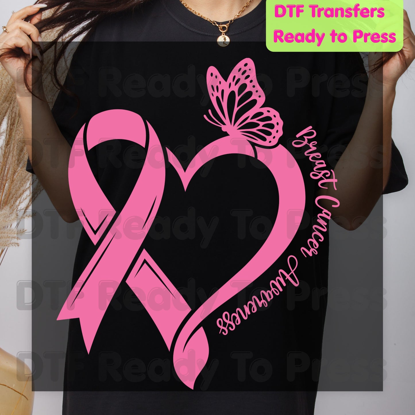 Breast Cancer Awareness Pink Heart Ribbon Butterfly DTF Transfer Ready to Press Heat Transfer Survivor Tee