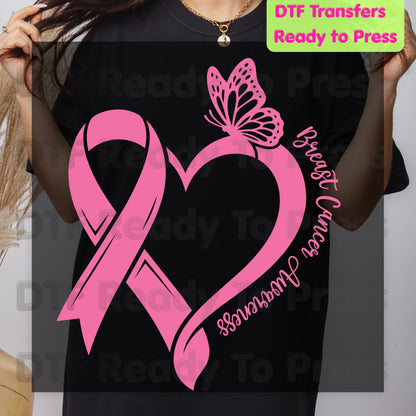 Breast Cancer Awareness Pink Heart Ribbon Butterfly DTF Transfer Ready to Press Heat Transfer Survivor Tee