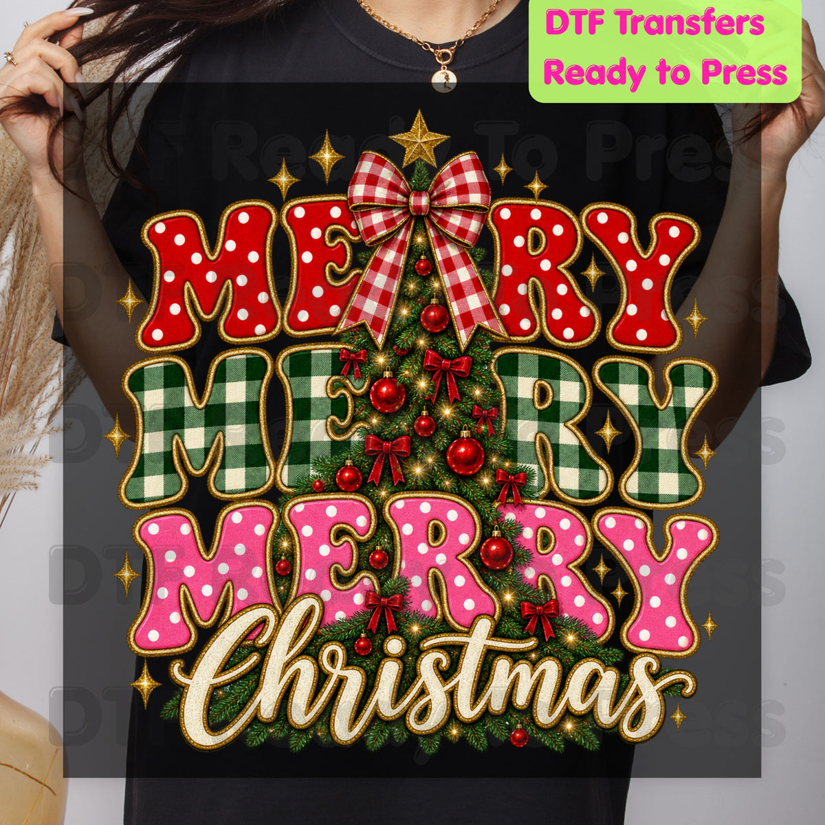 Merry Merry Christmas Tree DTF Transfers, Plaid Polka Dot Pink Holiday Ready to Press