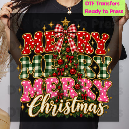 Merry Merry Christmas Tree DTF Transfers, Plaid Polka Dot Pink Holiday Ready to Press