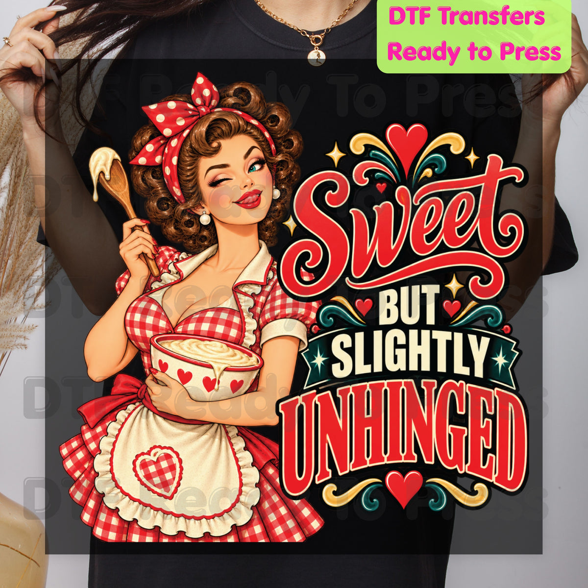 Retro DTF Transfer, Sweet but Slightly Unhinged Pinup Girl Baking Graphic