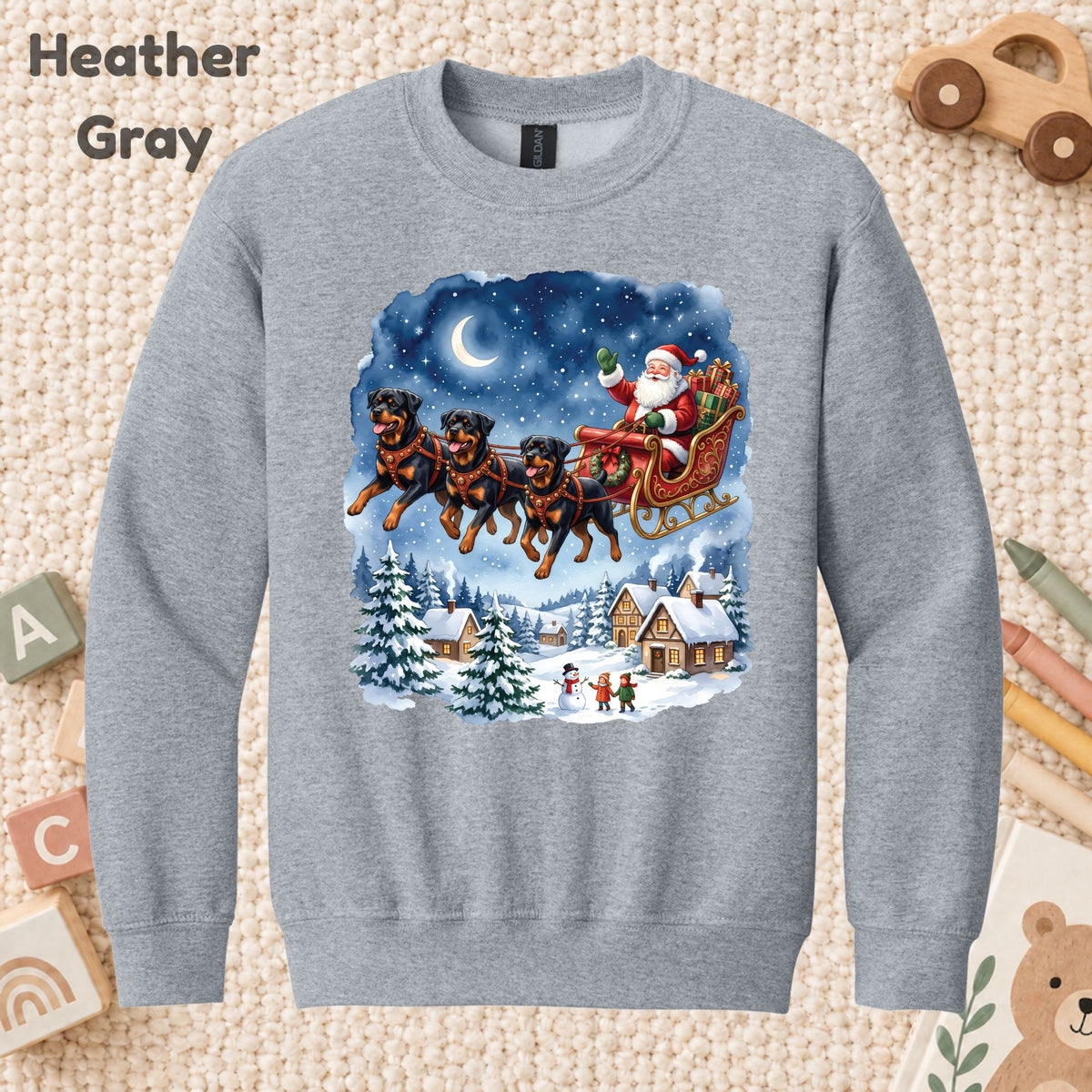 Rottweiler Christmas T-Shirt, Santa Sleigh with Flying Dogs Graphic Tee, Funny Dog Lover Holiday Shirt