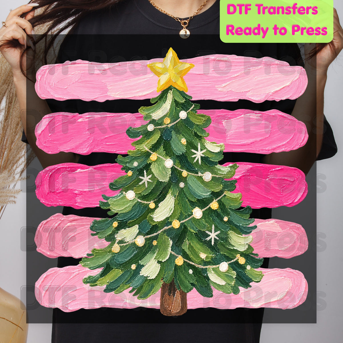 Christmas Tree DTF Transfers, Pink Brush Stripes Background Holiday Ready to Press