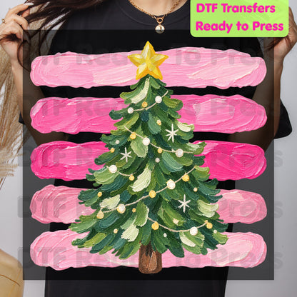 Christmas Tree DTF Transfers, Pink Brush Stripes Background Holiday Ready to Press