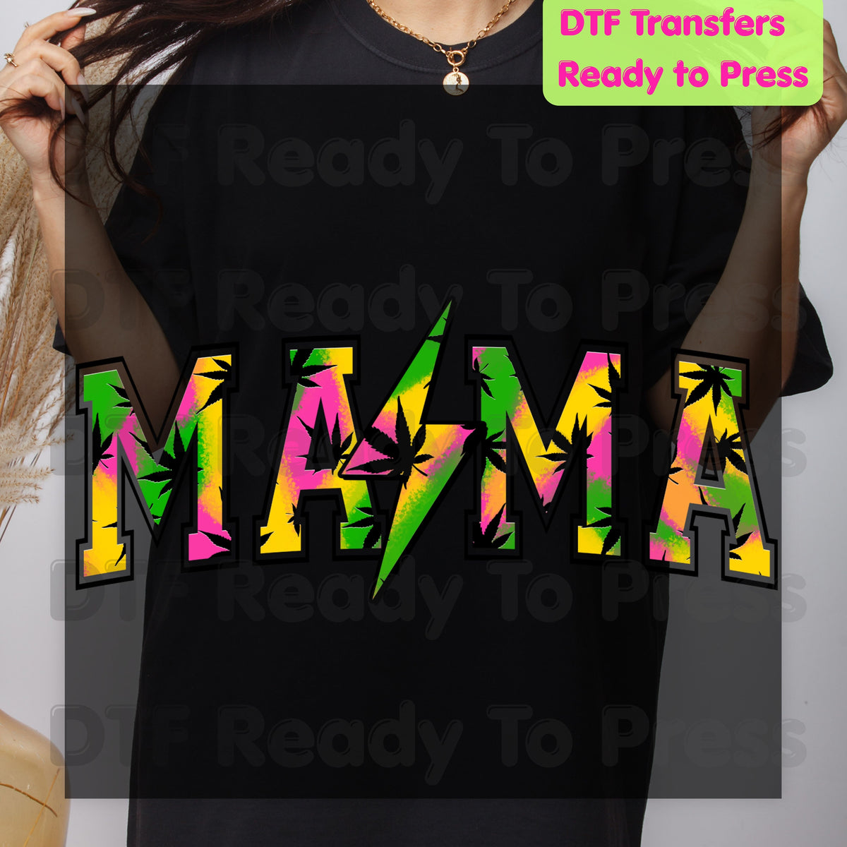 Mama DTF Transfers, Weed Leaf Lightning Bolt Colorful Tie Dye Retro Mama Ready to Press