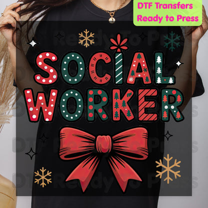 Christmas Social Worker Bow DTF Transfers, Community Snowflake Polka Dot Holiday Ready to Press