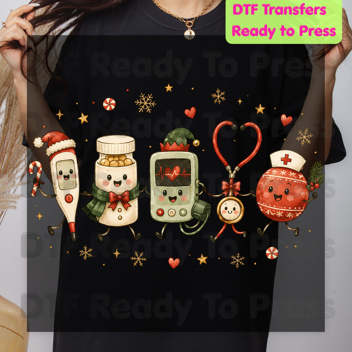 Christmas Cute Nurse Tools DTF Transfers, Medical Stethoscope Ornament Holiday Ready to Press