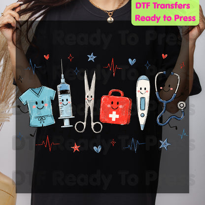 Cute Nurse Life DTF Transfers, Medical Equipment Friends Stethoscope Scrubs Syringe First Aid Healthcare Ready to Press