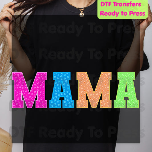 Mama DTF Transfers, Leopard Print Colorful Cheetah Varsity Letter Mama Ready to Press