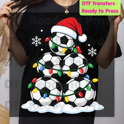 Christmas DTF Transfer, Soccer Ball Christmas Tree, Santa Hat and Lights Graphic